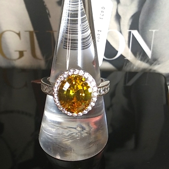 Citrine LS Swarovski Baguette Crystals Platinum Silver Halo Ring - Picture 3 of 16